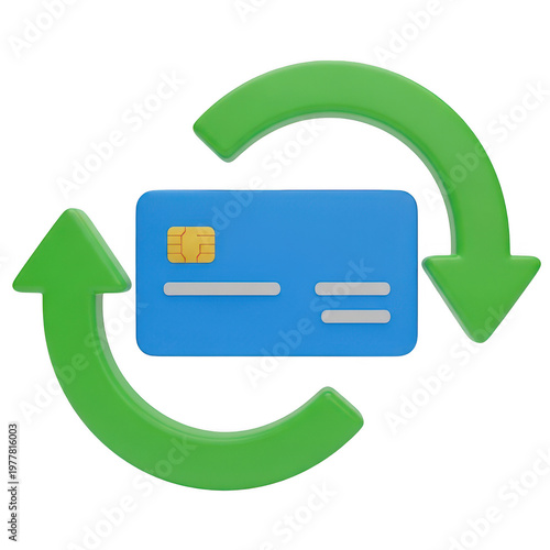 Credit card with recycling arrows, symbolizing financial transaction or refund, transaction