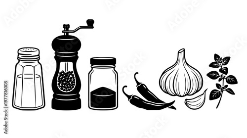Vector graphic illustration of kitchen spice ingredients and condiments