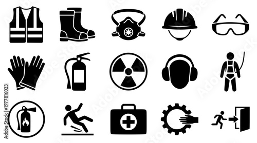 Industrial safety icons for protection and emergency response measures