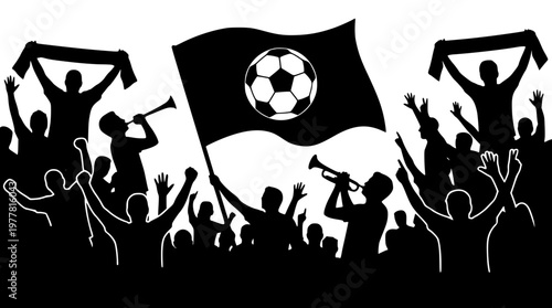 Silhouette illustration of soccer fans cheering with a flag