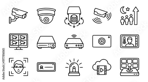 Vector graphic illustration of various security camera icons and designs