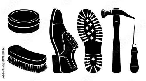 Black and white illustration of shoe repair tools and accessories
