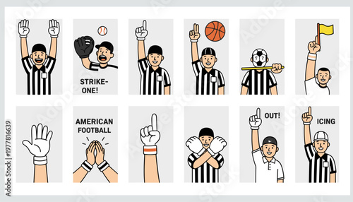 Referee Hand Signal Icon Set for Baseball, Football, Soccer, and Sports Action with Game Calls, Penalties, and Decisions