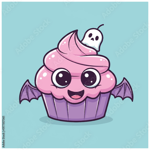 Cartoon pink cupcake with ghost on top.