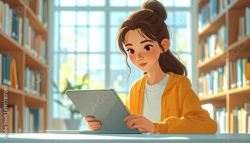 Young Woman Engaged in Digital Learning in a Bright Library Setting.