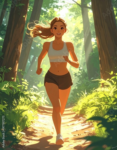 Young Woman Running Through a Sun-Dappled Forest Path.