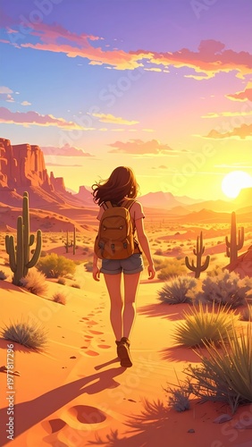 Young woman with backpack walking on a desert path at sunset, vibrant colors and scenic landscape.