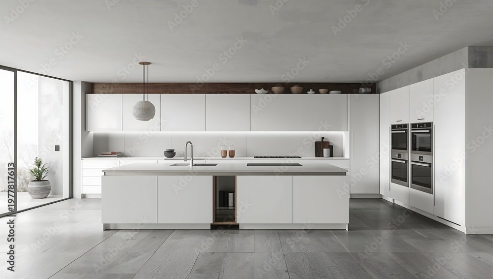 Fototapeta premium Modern minimalist kitchen with sleek white cabinets and island