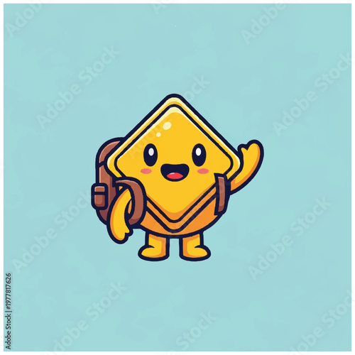 Yellow cartoon diamond character with backpack.