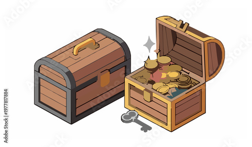 Cartoon isometric treasure chest set open and closed pirate loot vector illustration