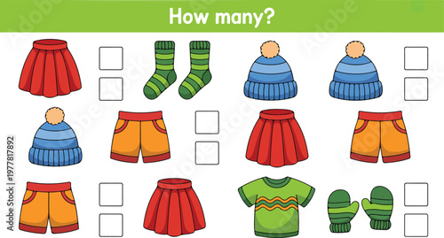 Educational counting game for children with winter and summer clothes collection.Educational counting game for children with winter and summer clothes collection.