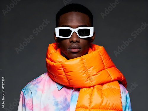 Fashionable young man wearing oversized sunglasses and vibrant clothing