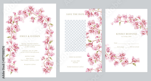 Wedding invitation suite featuring watercolor-style pink Bougainvillea flowers on a clean white background
