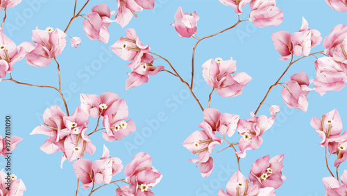 Floral seamless pattern featuring watercolor-style pink Bougainvillea flowers...