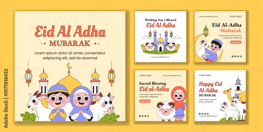 Fototapeta premium Happy Eid Al Adha Flat Cartoon Hand Drawn Social Media Post Background Illustration