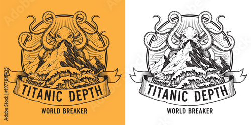 Titanic Depth World Breaker Kraken Octopus Mountain Sea Waves Engraving