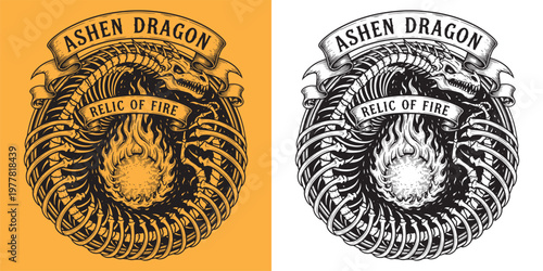 Ashen Dragon Relic of Fire Circular Ouroboros Skeleton Dragon Engraving