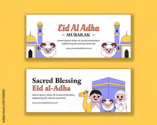 Happy Eid Al Adha Social Media Banner Flat Cartoon Hand Drawn Illustration