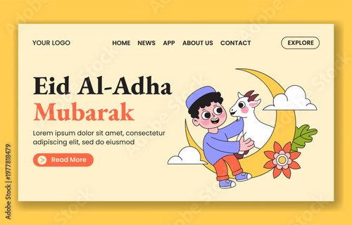 Happy Eid Al Adha Social Media Landing Page Flat Cartoon Hand Drawn Template