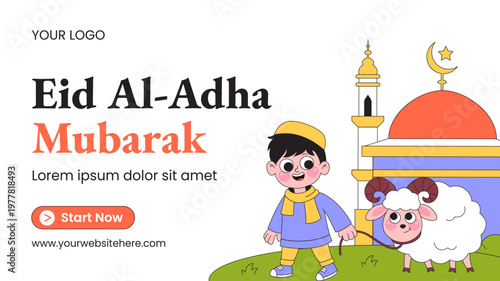 Happy Eid Al Adha Social Media Thumbnail Flat Cartoon Hand Drawn Background