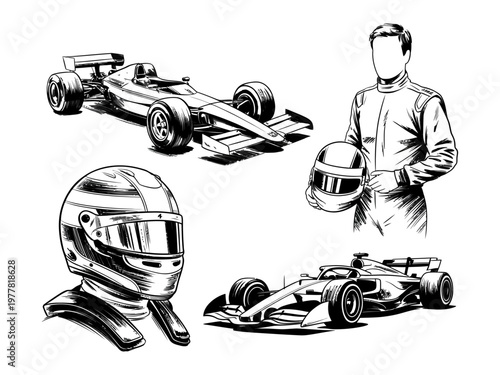 Formula racing illustrations for motorsports and competition event promotion showcasing high speed automotive performance
