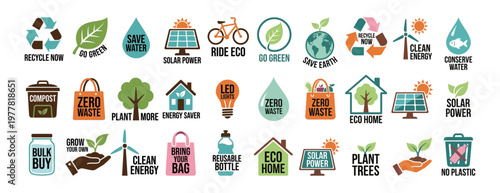 Ecology and Sustainability Icon Set for Environmental Protection Promoting and Renewable Energy Zero Waste Living and Green Lifestyle 
