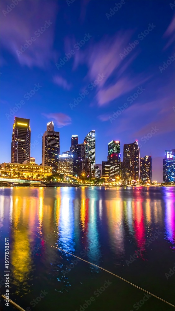 Fototapeta premium Illuminated cityscape reflecting in calm water under a night sky