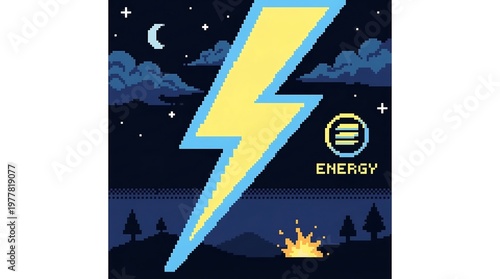 Pixel art lightning bolt energy symbol over night landscape