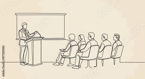 Business Presentation: Speaker at Podium Addressing Audience in Conference Room