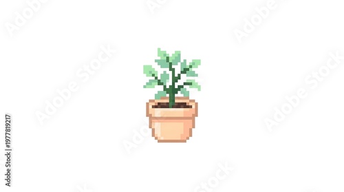 Pixel Art Potted Plant with Green Leaves on White Background