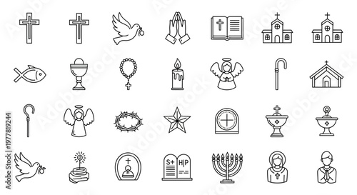 Christianity Religious Icons Set: Cross, Dove, Bible, Angel, Church, Candle, Rosary