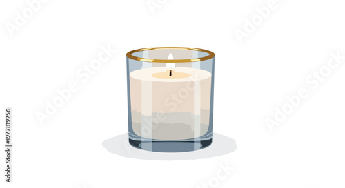A lit candle in a clear glass votive with a gold rim on a white background.