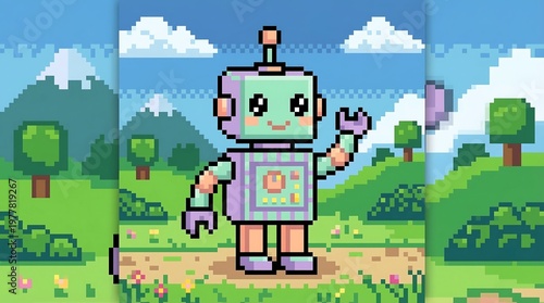 Retro 8-bit Pixel Art Robot Character Waving in Sunny Field