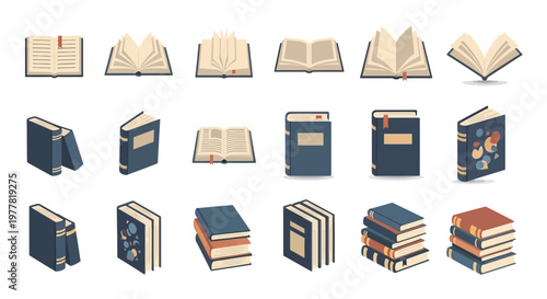Collection of Open and Closed Books, Stacked and Standing, Vector Icons