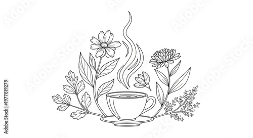 Herbal Tea Cup with Steaming Herbs and Flowers, Hand-Drawn Sketch