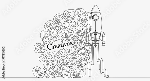 Creative rocket launch with swirling smoke and the word "Creative"