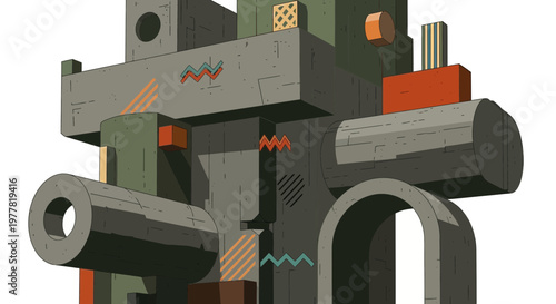 Abstract geometric sculpture with retro colors and shapes, minimalist composition