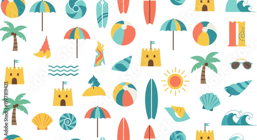 Summer Beach Vacation Icon Set: Sun, Sand, Surf, and Sea Elements