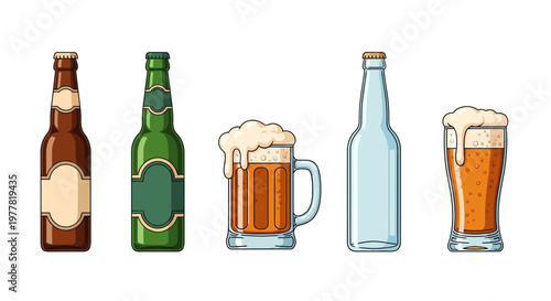 Variety of Beer Bottles and Glasses with Foam, Refreshing Drinks Collection