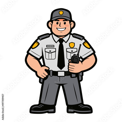 Friendly cartoon-style vector illustration of a full body security guard mascot holding a radio, designed in a clean and approachable branding style.