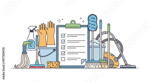 Cleaning Supplies and Checklist: Housekeeping, Chores, and Organization Concept