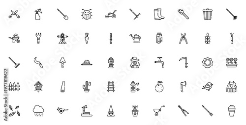 Gardening icon set. Vector illustration of tools and elements like shovel, watering can, gloves, rake, wheelbarrow, flowers, and more for garden and yard work.