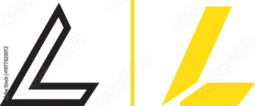 Two stylized "L" logos with sharp, modern aesthetics. The left is a bold black outline with a tilted, geometric frame; the right is a solid yellow design with a minimalist, slanted silhouette.