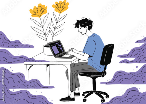 Man typing on laptop at desk with yellow flowers and purple clouds