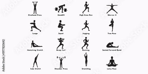 Fitness and exercise icon set: strength training running yoga poses stretching exercises with overhead press high knee run warrior ii tree pose hamstring stretch bicep curl