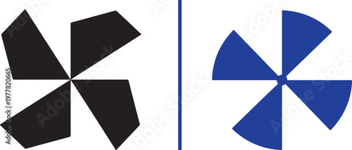 Vector graphic featuring two geometric rotating emblems: a sharp black four-blade fan on the left and a blue five-blade circular pinwheel on the right, separated by a thin blue vertical line.