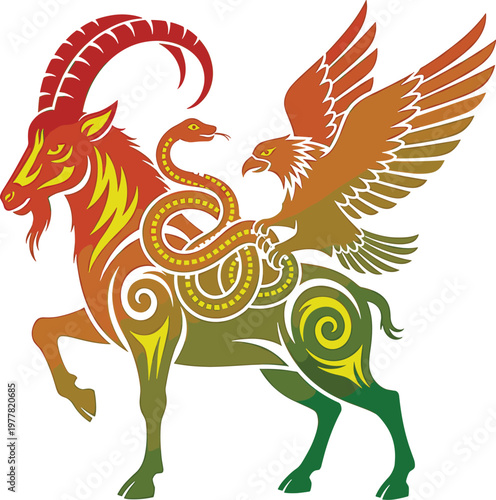 Mythical Creature with Goat, Snake, and Eagle Elements Vector Illustration for Fantasy, Wildlife, and Symbolic Designs