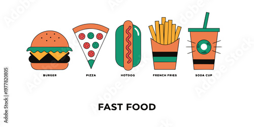 Set of five fast food icons including a burger pizza slice hotdog french fries soda cup with junk food burger icon flat design combo meal street food quick meal american food