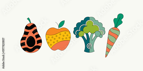 Stylized graphic illustrations of abstract fruits and vegetables a patterned pear colorful apple geometric broccoli striped carrot with vegetable broccoli illustration abstract
