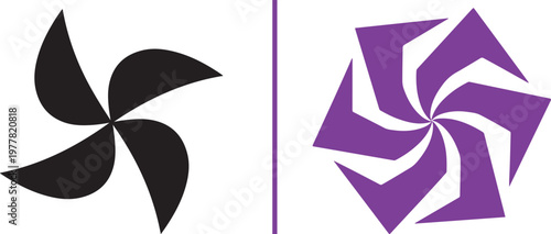 Two abstract circular logos. The left is a minimalist black four-blade pinwheel with smooth, petal-like curves; the right is a purple six-blade vortex with sharp, angular geometric petals.